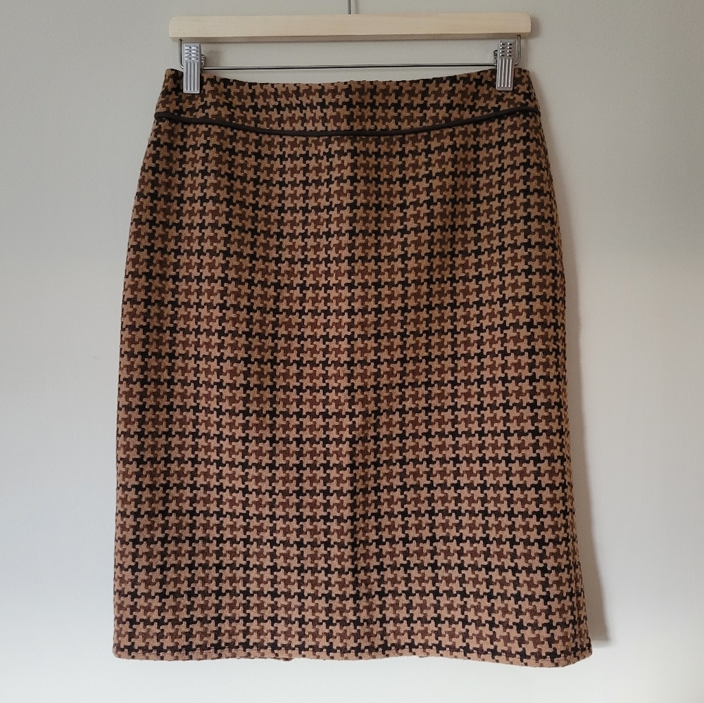 VINTAGE Holt Renfrew Brown Houndstooth Wool Blend Pencil Skirt